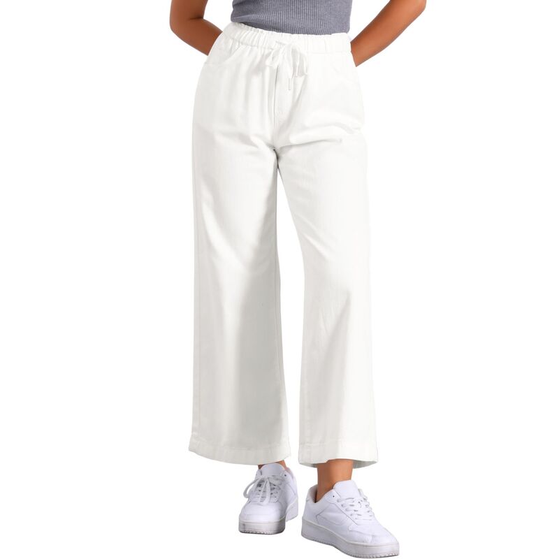 アレグラ ケー レディース ボトムス ジーンズズボン下 デニム ALLEGRA K Casual Denim Pants for Women Drawstring Elastic Waist Wide Legs Jeans White 白いこと