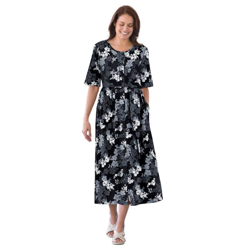 ウーマン ウィズイン レディース トップス ワンピース プラスサイズ Woman Within Plusize Button-Front Essential Dress Black Graphic Bloom ブラック