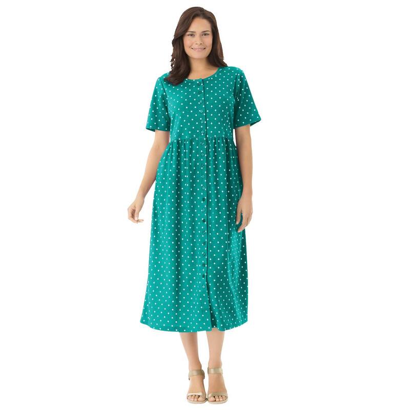 ウーマン ウィズイン レディース トップス ワンピース プラスサイズ Woman Within Plusize Button-Front Essential Dress Green Polka Dot グリーン