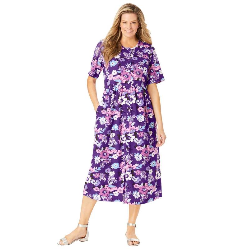 ウーマン ウィズイン レディース トップス ワンピース プラスサイズ Woman Within Plusize Button-Front Essential Dress Purple Garden パープル