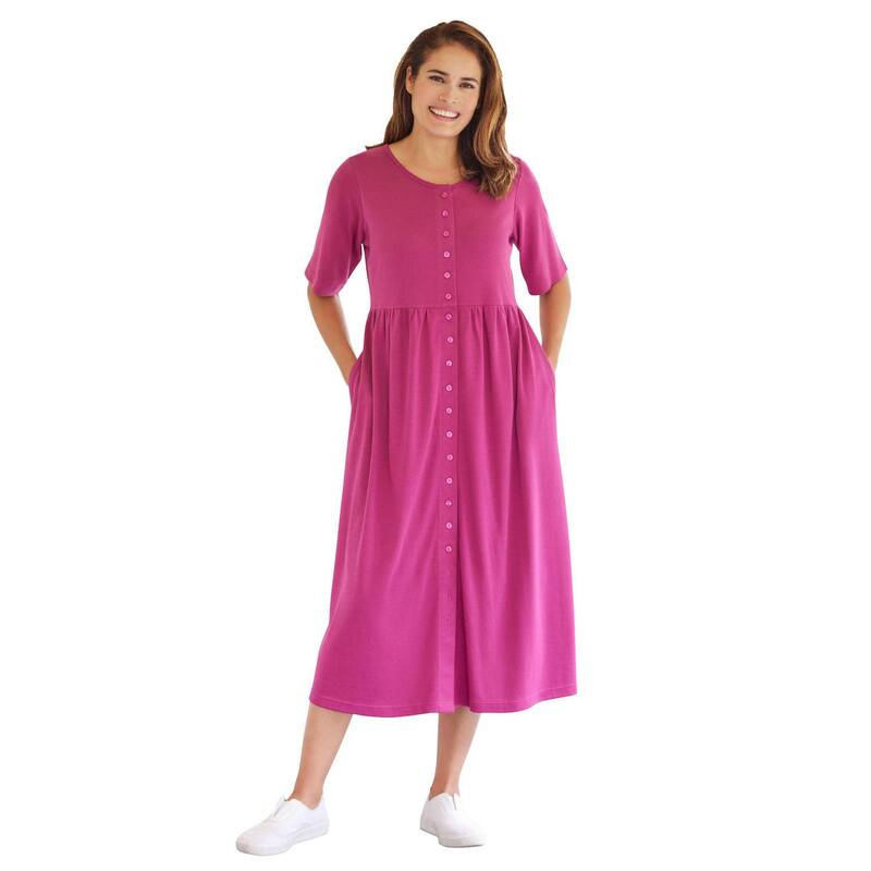 ウーマン ウィズイン レディース トップス ワンピース プラスサイズ Woman Within Plusize Button-Front Essential Dress Raspberry