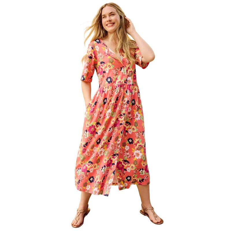 ウーマン ウィズイン レディース トップス ワンピース プラスサイズ Woman Within Plusize Button-Front Essential Dressweet Coral Multi コーラル