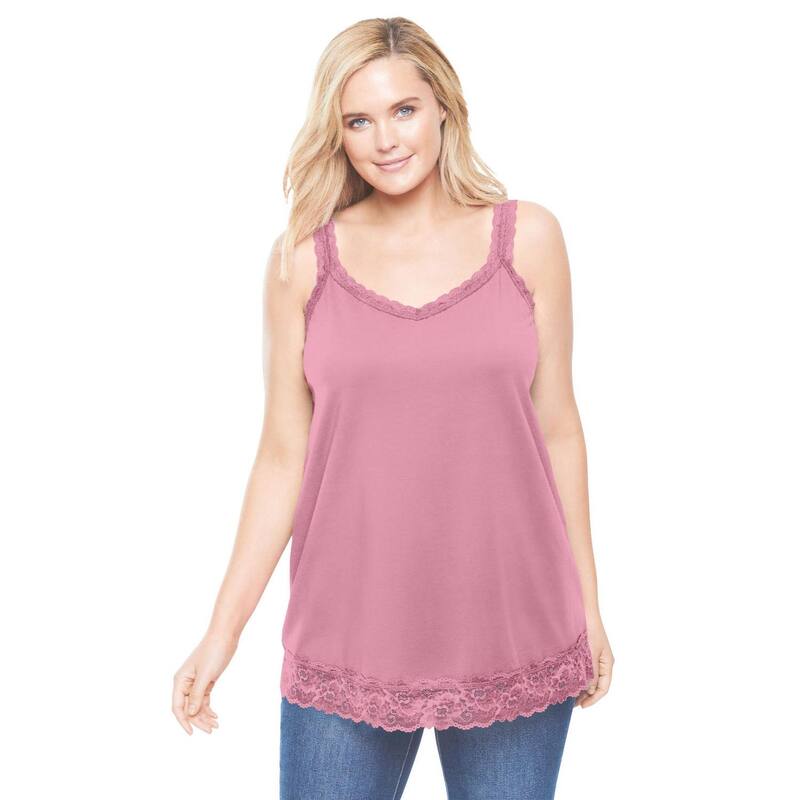 ウーマン ウィズイン レディース トップス Tシャツ Vネック プラスサイズ レース Woman Within Plusize Lace-Trim V-Neck Tank Delicate Pink ピンク
