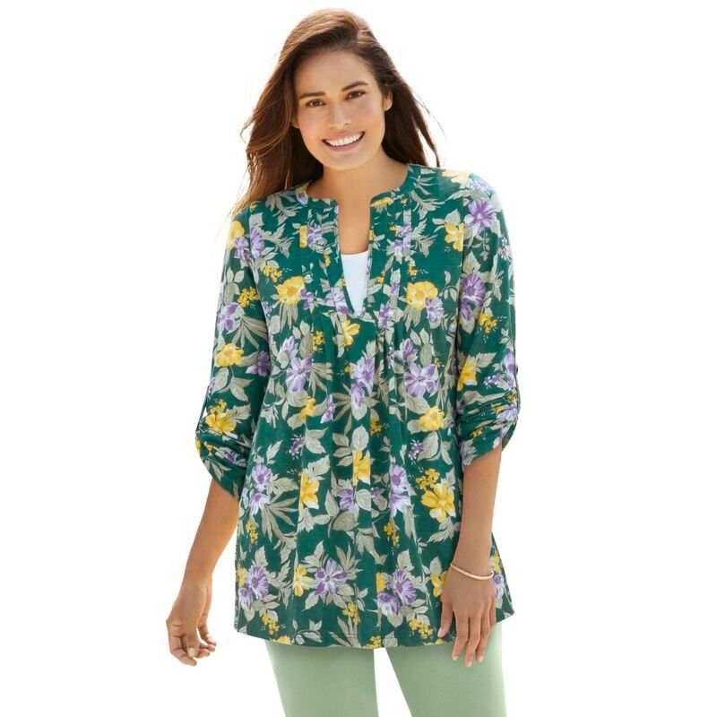 成人女性 ウィズはたご屋 レディース トップス ティーシャツ つけ加える大いさ Woman Within Plusize 7-Day Layered-Look Tunic Emerald Hibiscus エメラルド トップス-レディースファッション