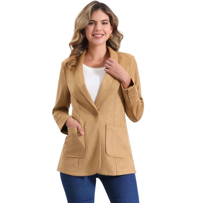 アレグラ ケー レディース アウター ジャケット・ブルゾン スエード ブレザー ALLEGRA K Faux Suede Blazer for Women's Lapel Collar One Button Dressy Suit Jacket Khaki カーキ