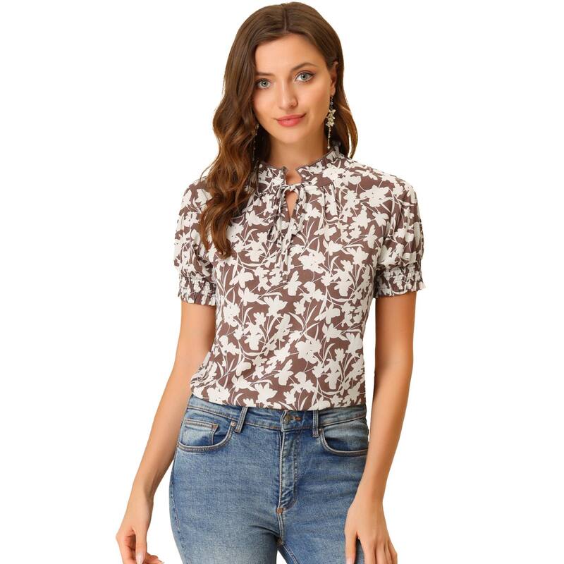 アレグラ ケー レディース トップス シャツ Vネック フラワー柄 フリル シャーリング ブラウス フラワー ALLEGRA K Women's Ruffle Tie V Neck Casual Smocked Short Sleeve Floral Top Blouse Brown ブラウン