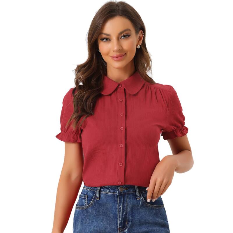 アレグラ ケー レディース トップス シャツ コットン ダウン ブラウス ALLEGRA K Women's Cotton Frilled Top Turndown Collar Solid Blouse Burgundy バーガンディ