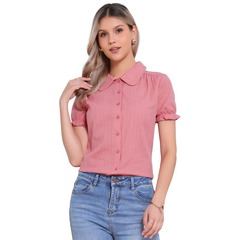 アレグラ ケー レディース トップス シャツ コットン ダウン ブラウス ALLEGRA K Women's Cotton Frilled Top Turndown Collar Solid Blouse Dark Pink ピンク｜ReVida 店