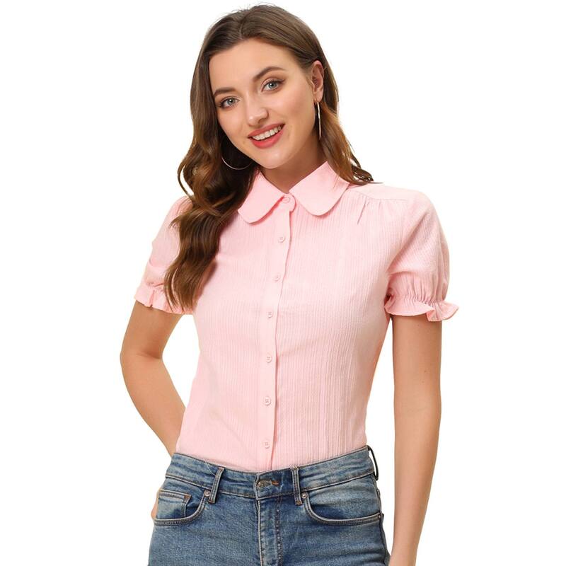 アレグラ ケー レディース トップス シャツ コットン ダウン ブラウス ALLEGRA K Women's Cotton Frilled Top Turndown Collar Solid Blouse Light Pink ピンク