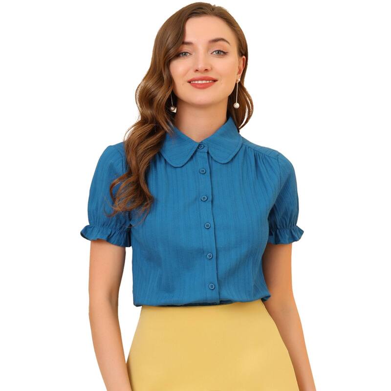 アレグラ ケー レディース トップス シャツ コットン ダウン ブラウス ALLEGRA K Women's Cotton Frilled Top Turndown Collar Solid Blouse Ocean Blue ブルー