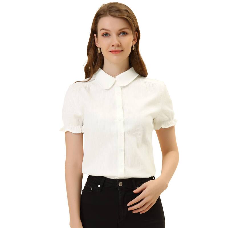 アレグラ ケー レディース トップス シャツ コットン ダウン ブラウス ALLEGRA K Women's Cotton Frilled Top Turndown Collar Solid Blouse White ホワイト
