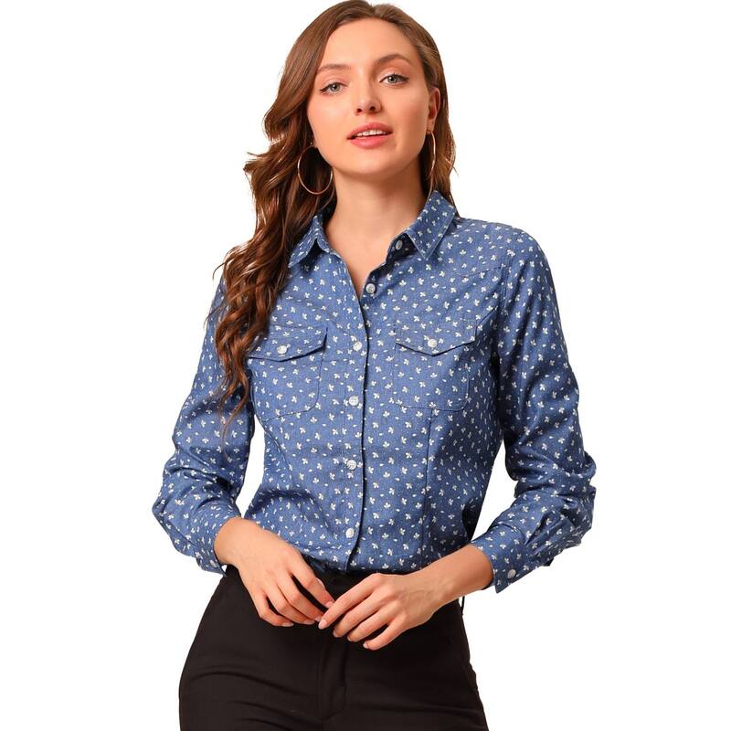 アレグラ ケー レディース トップス シャツ ボタンダウン デニム ALLEGRA K Women's Point Collar Long Sleeve Button Down Chest Pockets Denim Shirt Blue Floral ブルー