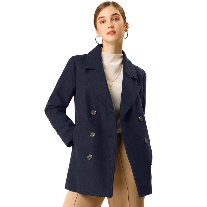アレグラ ケー レディース アウター ジャケット・ブルゾン コート ALLEGRA K Women's Notched Lapel Double-Breasted Pocket Mid Thigh Overcoat Dark Navy Blue ネイビー