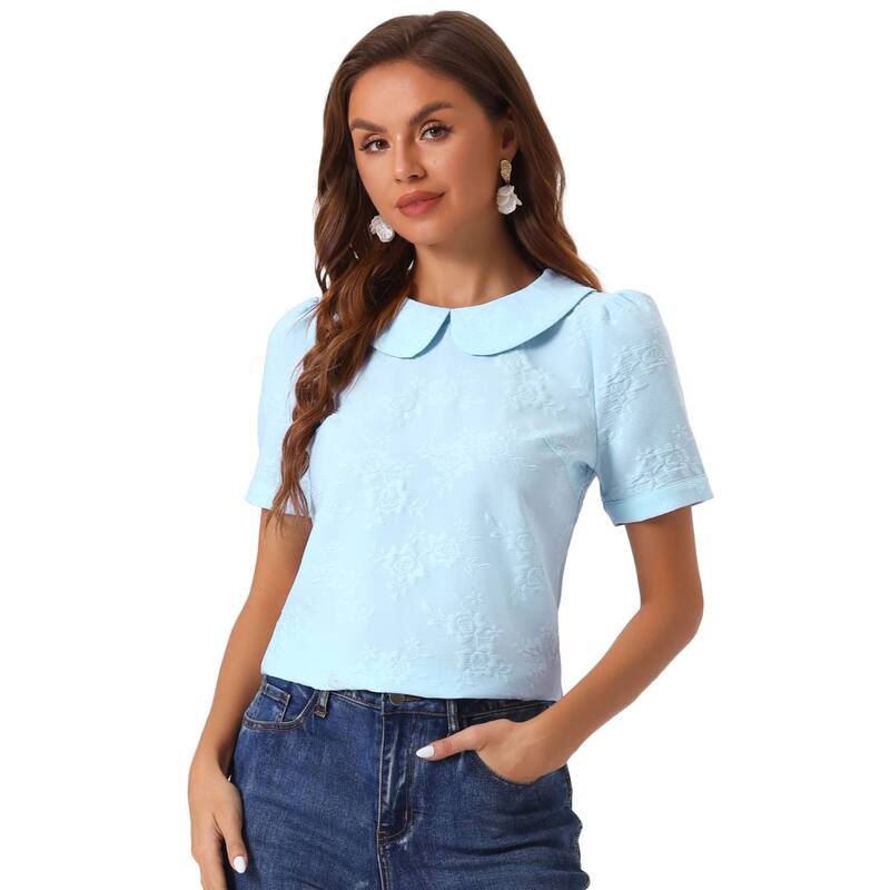 アレグラ ケー レディース トップス シャツ フラワー柄 ブラウス フラワー ALLEGRA K Peter Pan Collar Blouse For Women's Floral Short Sleeve Kawaii Top Light Blue ブルー