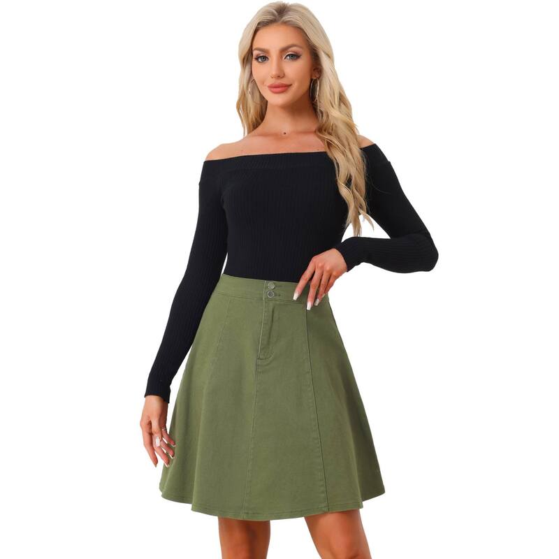 アレグラ ケー レディース ボトムスカート A ライン ハイウエスト プリーツ ミディ デニム ALLEGRA K Women's Casual High Waist A-Line Flared Pleated Midi Denim Skirt Army Green グリーン