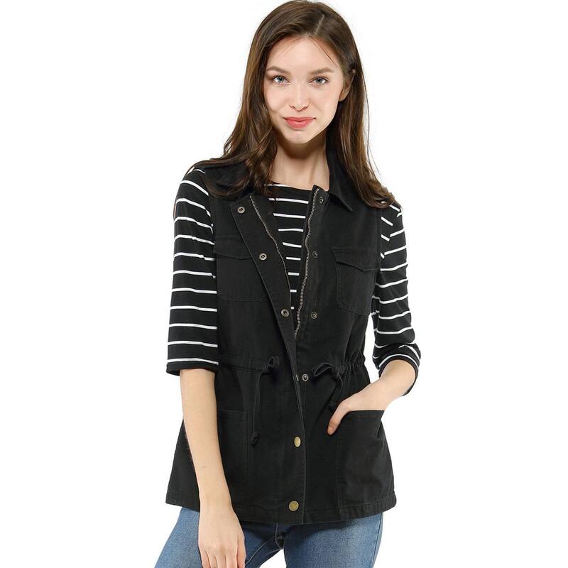 アレグラ ケー レディース アウター ジャケット・ブルゾン ドローコードウエスト ベスト ノースリーブ ALLEGRA K Women'sleeveless Zip Up Drawstring Waist Cargo Vest Jacket Black ブラック