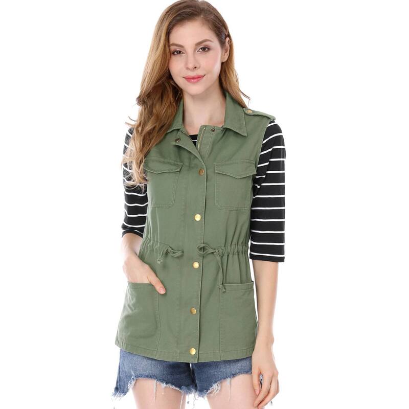 アレグラ ケー レディース アウター 上衣・上衣 ドローコードウエスト 限りない ノースリーブ ALLEGRA K Women\u0027sleeveless Zip Up Drawstring Waist Cargo Vest Jacket Green 緑であること