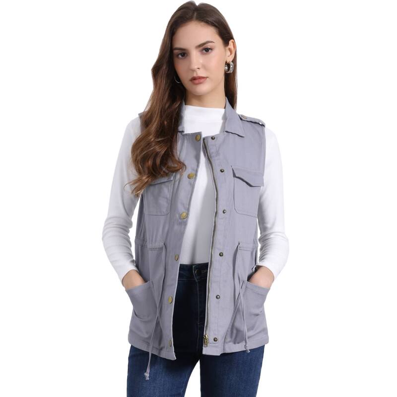 アレグラ ケー レディース アウター 上衣・上衣 ドローコードウエスト 限りない ノースリーブ ALLEGRA K Women\u0027sleeveless Zip Up Drawstring Waist Cargo Vest Jacket Grey 薄墨色