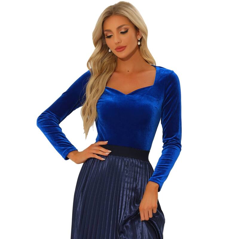 アレグラ ケー レディース トップス ティーシャツ 天鵞絨 トップ ALLEGRA K Casual Velvetops For Women\u0027s Long Sleevesweetheart Neck Blouse Royal Blue 青色 トップス-レディースファッション-Tシャツ・カットソー