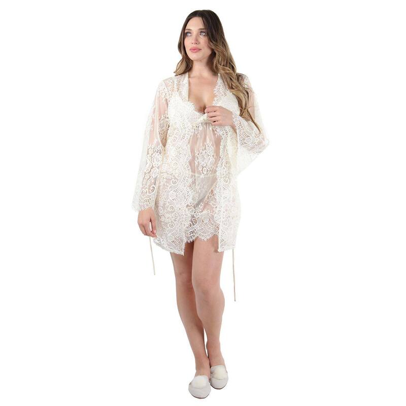 メモイ レディース アンダー御召しもの ナイト爵御召しもの スピード競技 MeMoi Women\u0027s Bell Sleeve Lace Robe with Eyelash Scalloped Hem Vanilla Ice