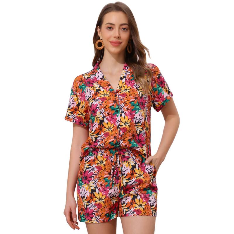 アレグラ ケー レディース アウター ジャケット・ブルゾン ボタンダウン シャツ ショートパンツ ダウン ALLEGRA K Women Hawaiian Shirt and Shortsetropical Summer Button Down Sets Orange Pink ピンク