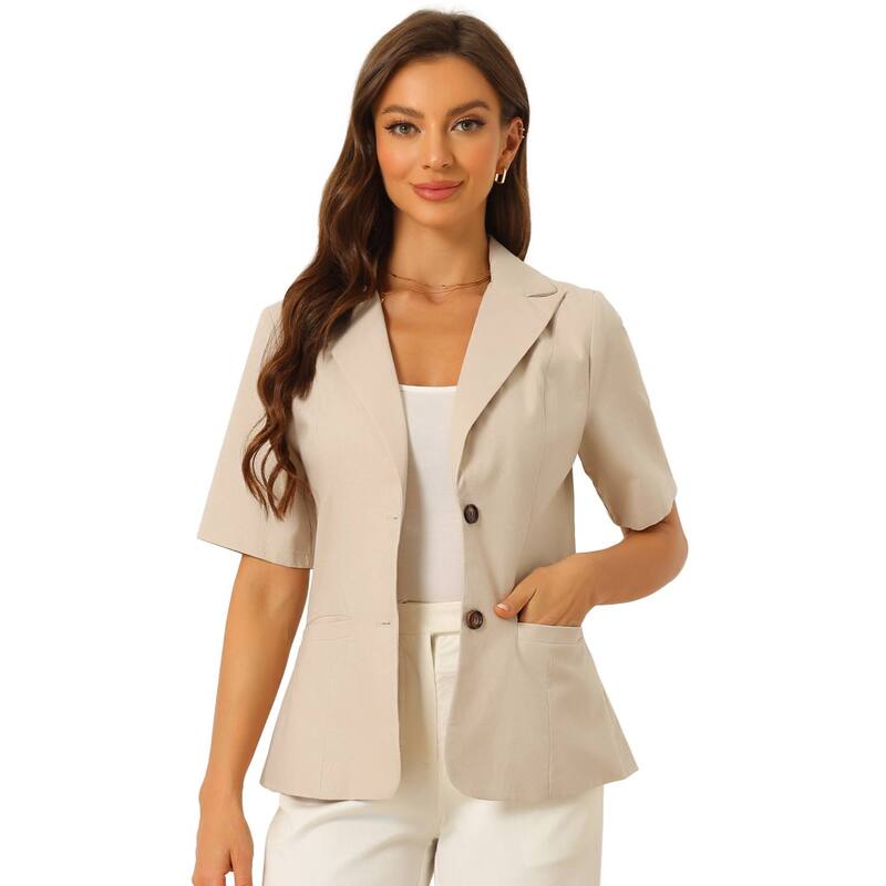 アレグラ ケー レディース アウター ジャケット・ブルゾン コットン ブレザー リネン ALLEGRA K Cotton Linen Blazer For Women's Office Businesshort Sleeve Notched Lapel Blazer Jacket Khaki カーキ｜ReVida 店 12,074円