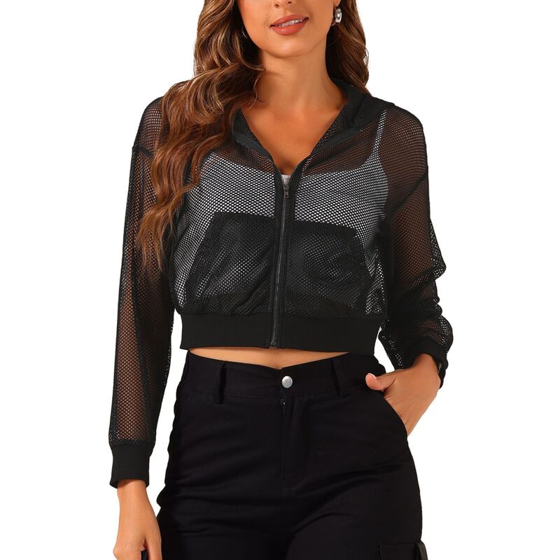 アレグラ ケー レディース アウター 上衣・上衣 メッシュ シアー パーカー ALLEGRA K Hoodie Jacket For Women\u0027s Zip Up Fashion Mesheer Bomber Jackets With Pocket Black 黒いこと
