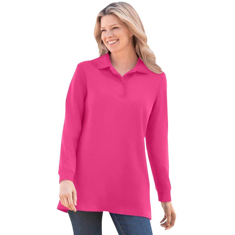 ウーマン ウィズイン レディース トップス Tシャツ ポロシャツ プラスサイズ 長袖 Woman Within Plusize Long-Sleeve Polo Shirt Raspberry Sorbet