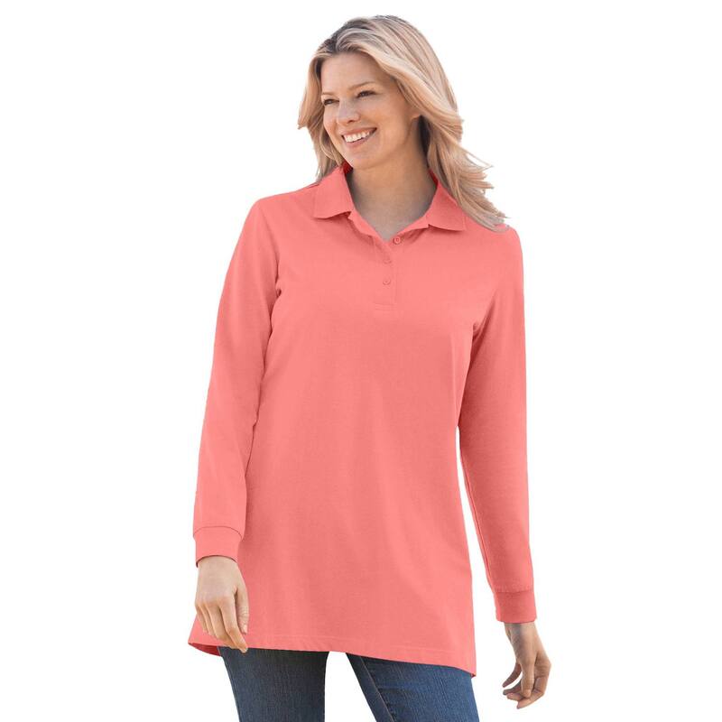 ウーマン ウィズイン レディース トップス Tシャツ ポロシャツ プラスサイズ 長袖 Woman Within Plusize Long-Sleeve Polo Shirt Sweet Coral コーラル