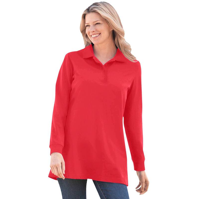 ウーマン ウィズイン レディース トップス Tシャツ ポロシャツ プラスサイズ 長袖 Woman Within Plusize Long-Sleeve Polo Shirt Vivid Red レッド