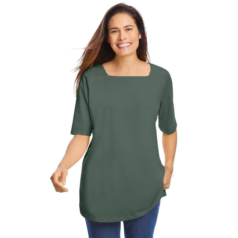 ウーマン ウィズイン レディース トップス Tシャツ プラスサイズ Woman Within Plusize Perfect Elbow-Sleeve Square-Neck Tee Pine