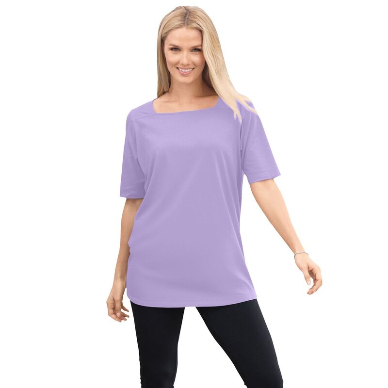 ウーマン ウィズイン レディース トップス Tシャツ プラスサイズ Woman Within Plusize Perfect Elbow-Sleeve Square-Neck Tee Soft Iris
