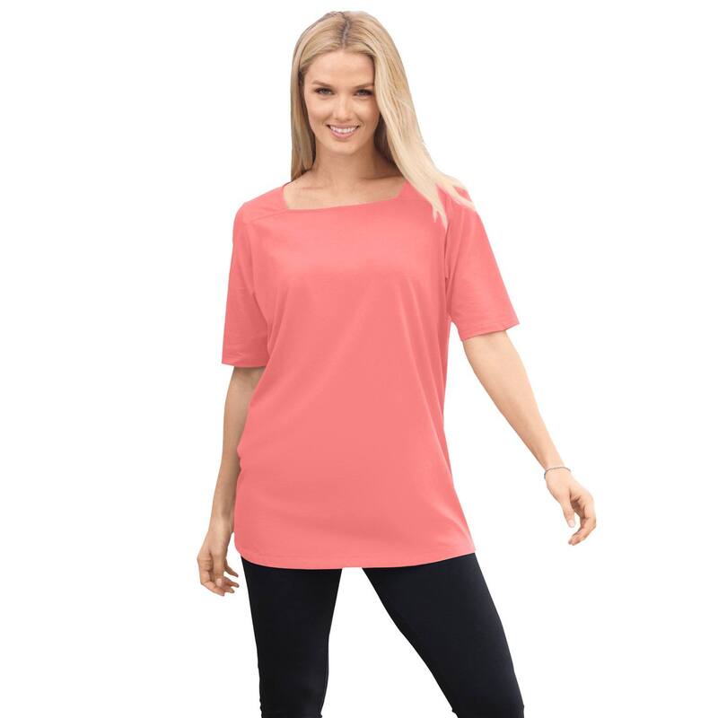 ウーマン ウィズイン レディース トップス Tシャツ プラスサイズ Woman Within Plusize Perfect Elbow-Sleeve Square-Neck Tee Sweet Coral コーラル 6,826円