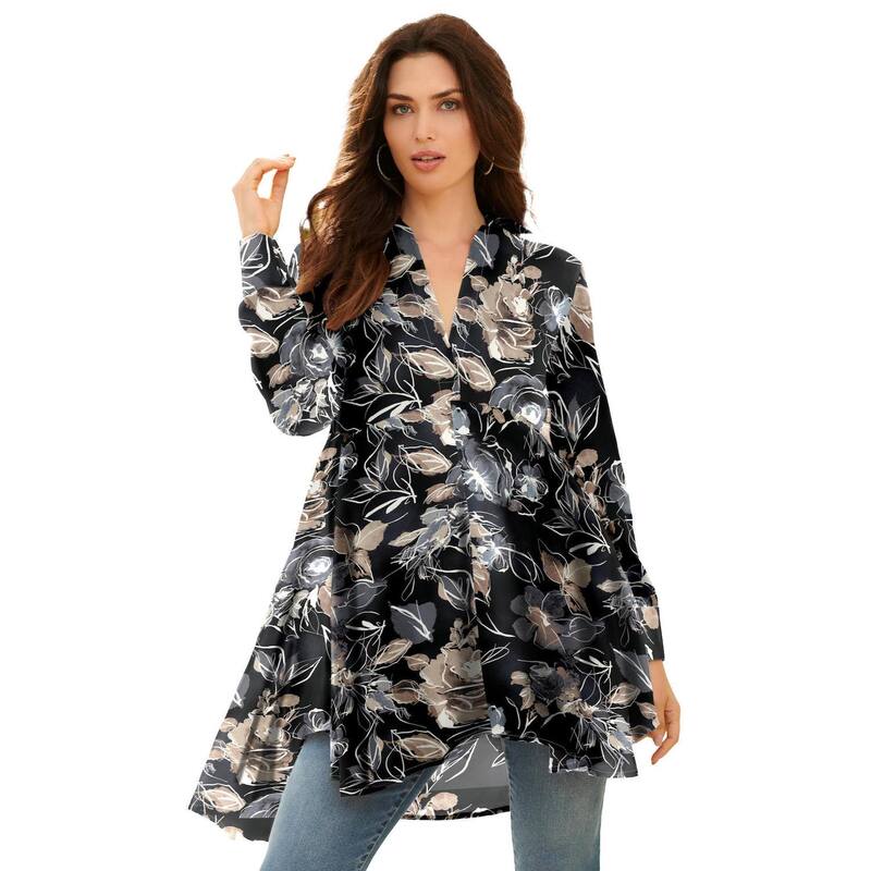 ロアマンズ レディース トップス プルオーバー つけ加える大きさ Roaman\u0027s Women\u0027s Plusize Hand Crinkled Fit And Flare Tunic Black Painterly Roses 黒いこと