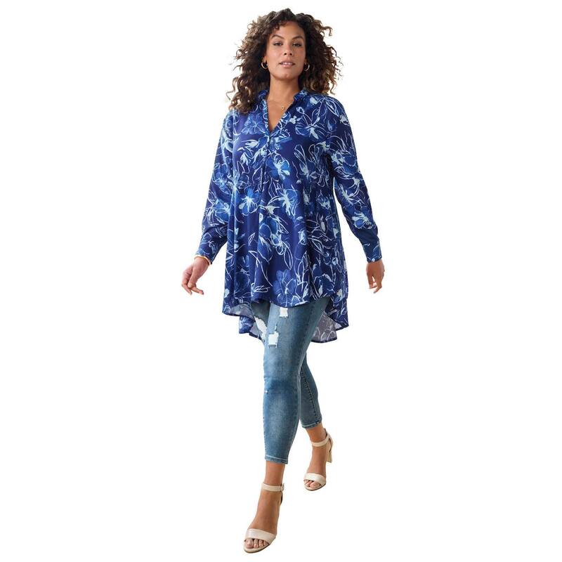 ロアマンズ レディース トップス プルオーバー つけ加える大きさ Roaman\u0027s Women\u0027s Plusize Hand Crinkled Fit And Flare Tunic Navy Painterly Roses 米国海軍
