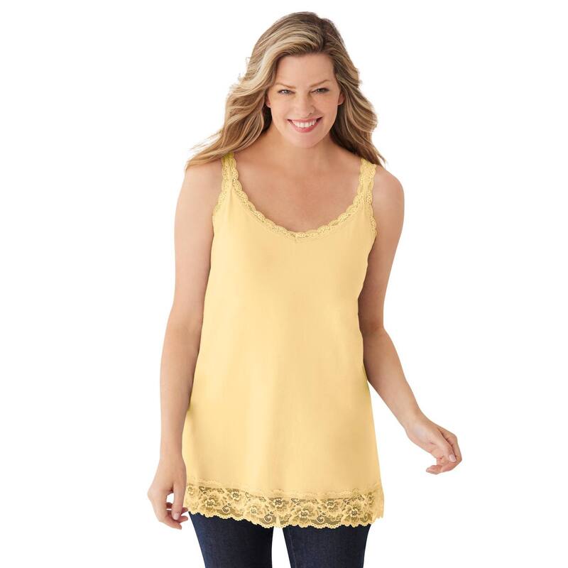 ウーマン ウィズイン レディース トップス Tシャツ Vネック プラスサイズ レース Woman Within Plusize Lace-Trim V-Neck Tank Banana