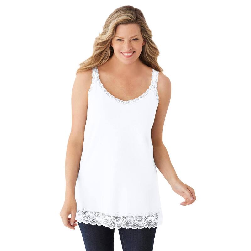 ウーマン ウィズイン レディース トップス Tシャツ Vネック プラスサイズ レース Woman Within Plusize Lace-Trim V-Neck Tank White ホワイト