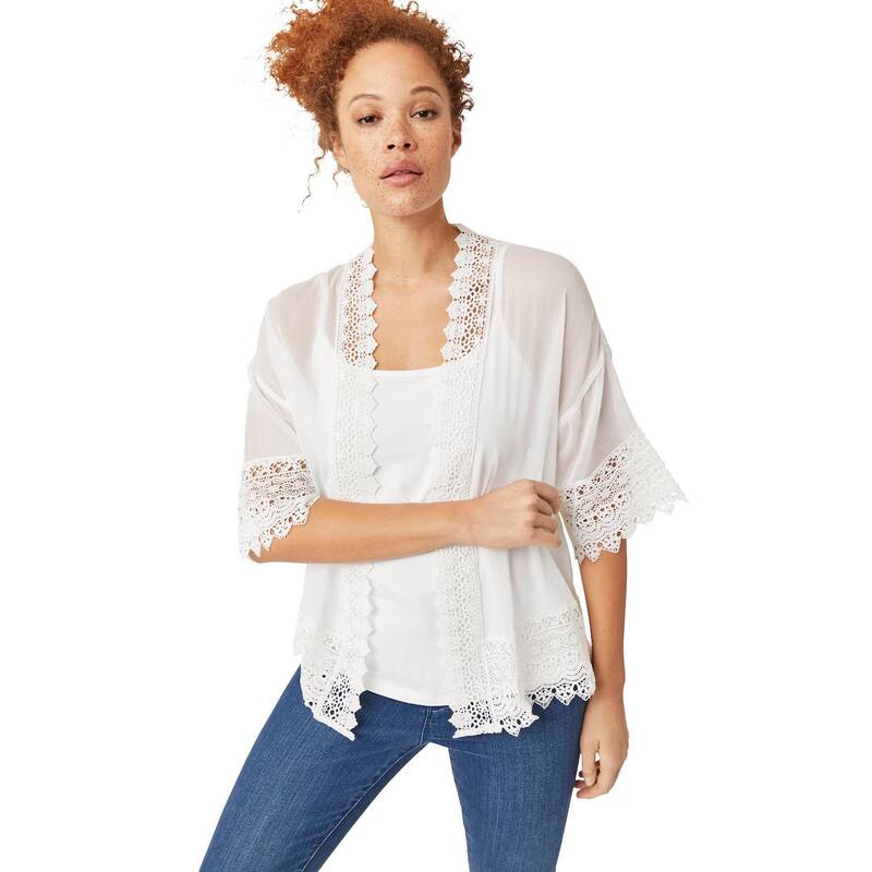 Ellos レディース アウター ニット・セーター レーストリム プラスサイズ シアー カーディガン レース ellos Plusize Sheer Lace Trim wrap Cardigan White ホワイト