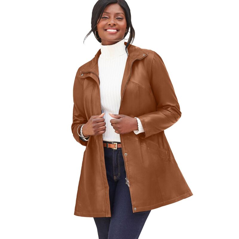 ジェシカロンドン レディース アウター ジャケット・ブルゾン A ライン プラスサイズ レザー Jessica London Women's Plusize A-Line Zip Front Leather Jacket Cognac