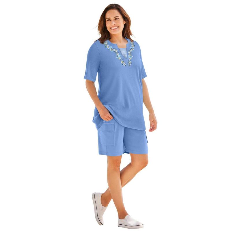 ウーマン ウィズイン レディース トップス Tシャツ プラスサイズ 刺繍 Woman Within Plusize 7-Day Embroidered Layered-Look Tunic French Blue Flower ブルー