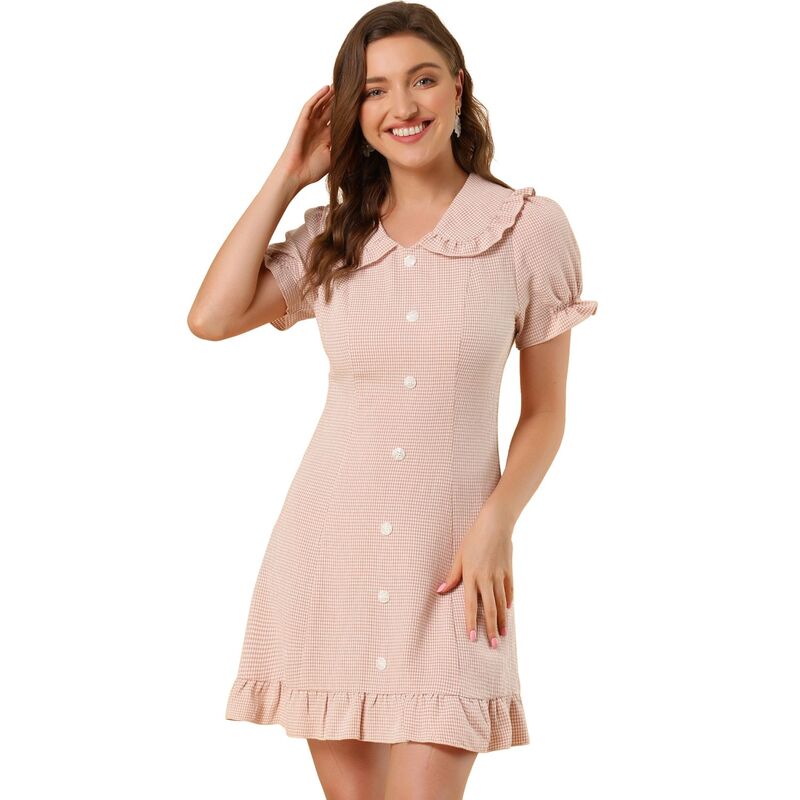 アレグラ ケー レディース トップス ワンピース フリル ALLEGRA K Women's Ruffle Peter Pan Collar Casual Button up Checkeredress Pink White ホワイト