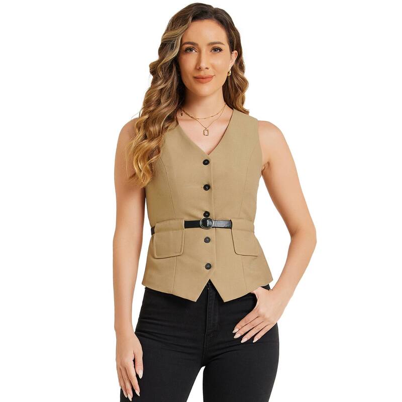 アレグラ ケー レディース アウター ジャケット・ブルゾン Vネック ベスト ALLEGRA K Button Front Closure Vest For Women V Neck Belted Pockets Khaki カーキ