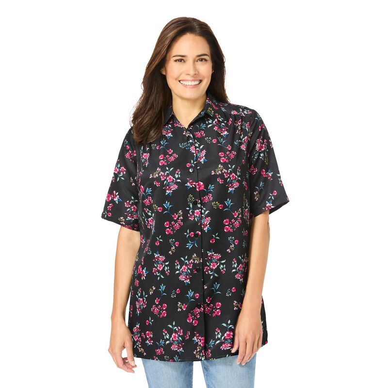 ウーマン ウィズイン レディース トップス シャツ プラスサイズ Woman Within Plusize No Iron Short Sleeve Peachskin Shirt Black Floral ブラック