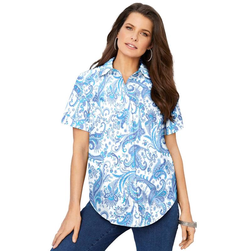 ロアマンズ レディース トップス シャツ プラスサイズ コットン Roaman's Women's Plusize Kate Short Sleeveasy Cotton-Blend Button-Front Shirt Blue Folklore Paisley ブルー｜ReVida 店