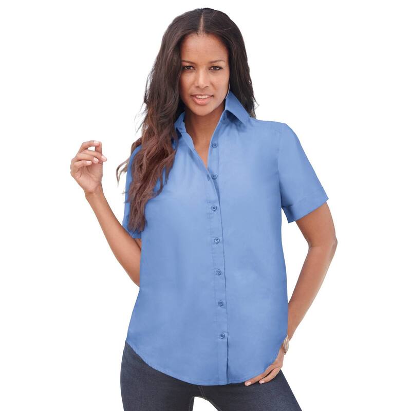 ロアマンズ レディース トップス シャツ プラスサイズ コットン Roaman's Women's Plusize Kate Short Sleeveasy Cotton-Blend Button-Front Shirt French Blue ブルー|ReVida 店