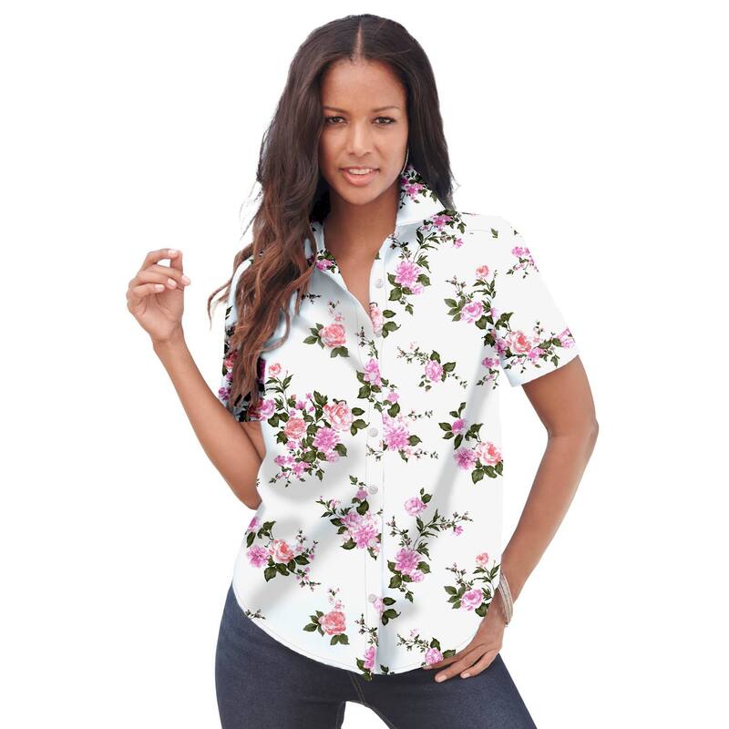 ロアマンズ レディース トップス シャツ プラスサイズ コットン Roaman's Women's Plusize Kate Short Sleeveasy Cotton-Blend Button-Front Shirt White Mixed Flowers ホワイト