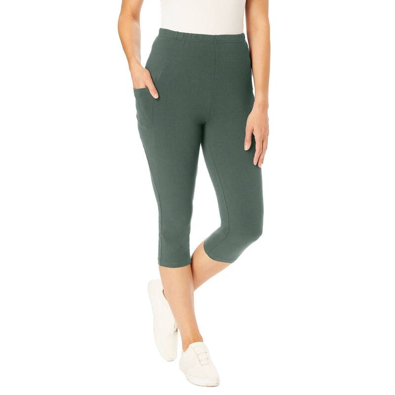ウーマン ウィズイン レディース ボトムス カジュアルパンツ プラスサイズ コットン キャップ レギンス ニット Woman Within Plusize Stretch-Cotton Knit Pull-On Pocket Capri Leggings Pine