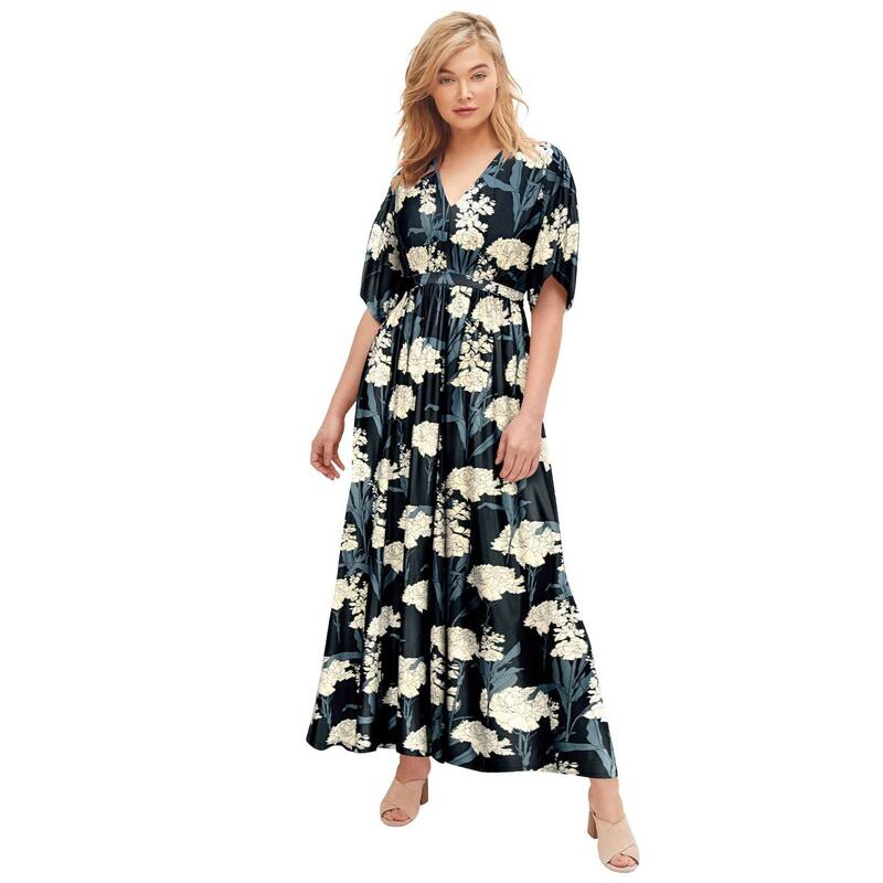 Ellos レディース トップス ワンピース プラスサイズ ニット マキシ ellos Plusize Stretch Knit Fit And Flarelbow-Length Sleeve Tie-Back Maxi Dress Black Ivory Floral アイボリー