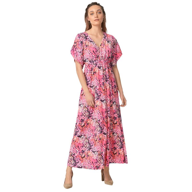 Ellos レディース トップス ワンピース プラスサイズ ニット マキシ ellos Plusize Stretch Knit Fit And Flarelbow-Length Sleeve Tie-Back Maxi Dress Rose Multi Print マルチカラー