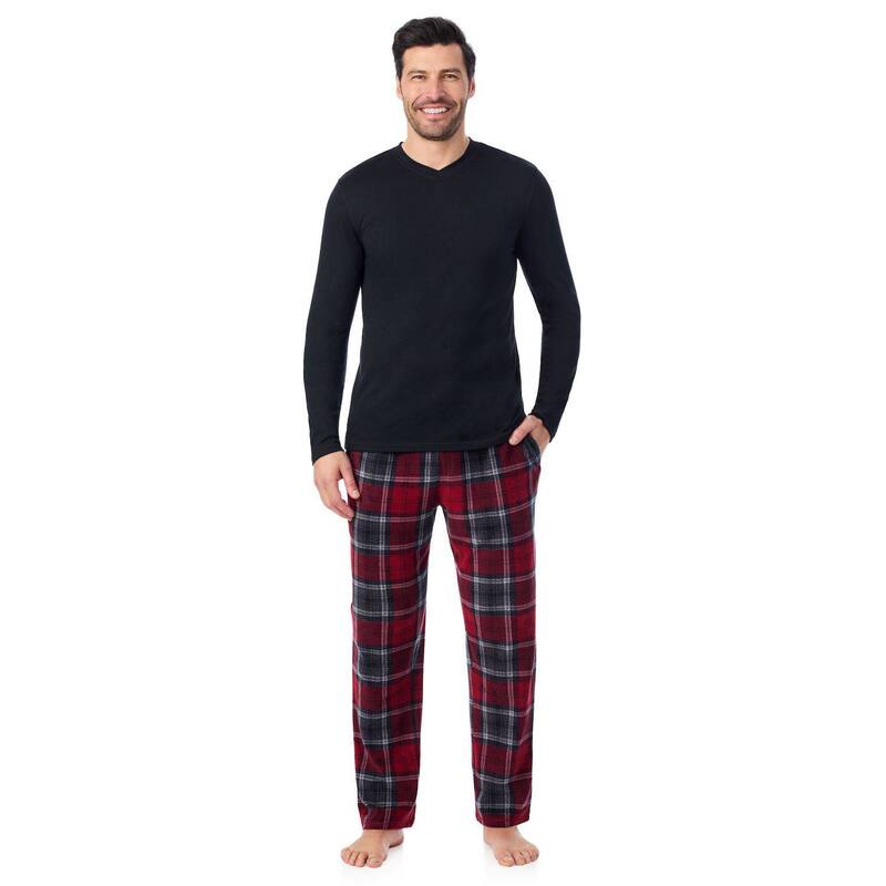 クドルドッズ レディース アンダーウェア ナイトウェア パンツ フリース Men's Cuddl Duds Cabin Fleece Pajama Top and Pajama Pantset Red Plaid レッド｜ReVida 店